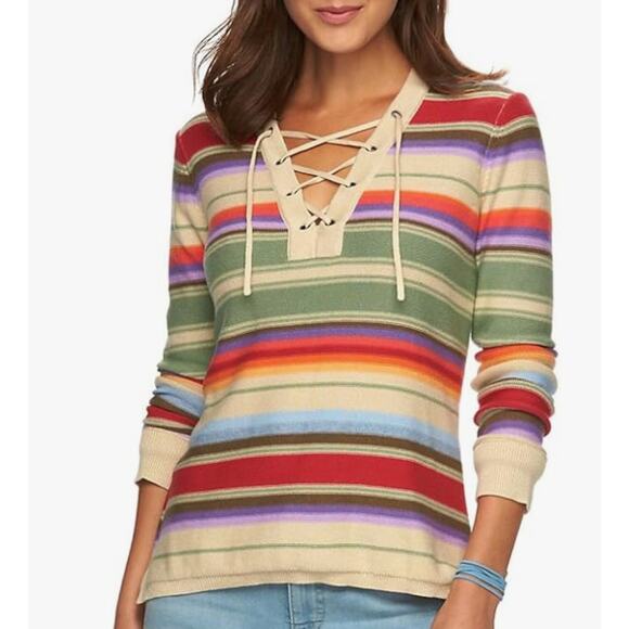 Chaps Lace Up Sweater Womens Size L Large Pink Green Beige Striped Y2K Preppy - Picture 1 of 9